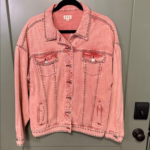 POL Jackets & Blazers - POL Pink Stud-Trim Oversized Denim Jacket